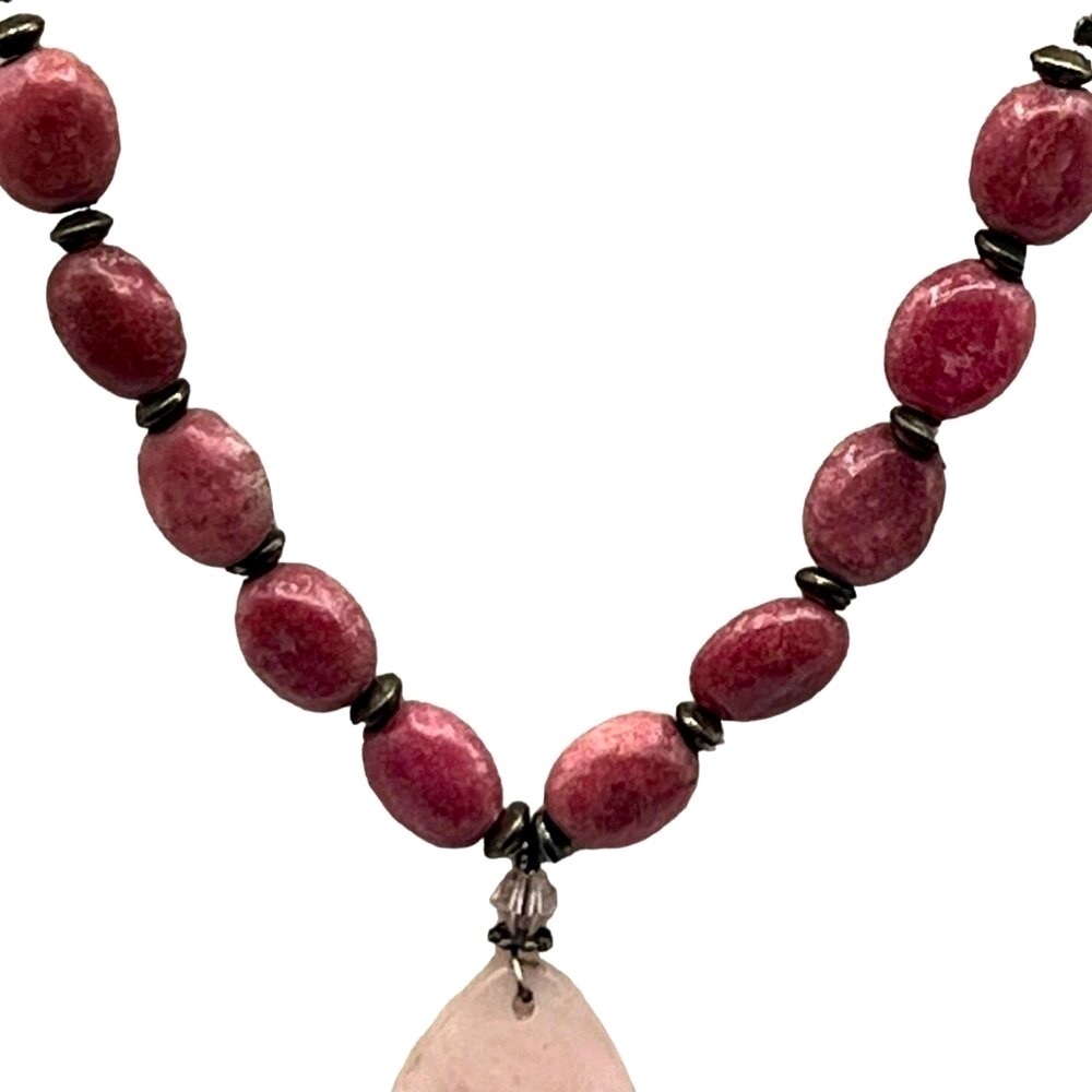 Peach Blossom Jade Beaded Necklace & Rose Quartz Pendant - Picture 6 of 7